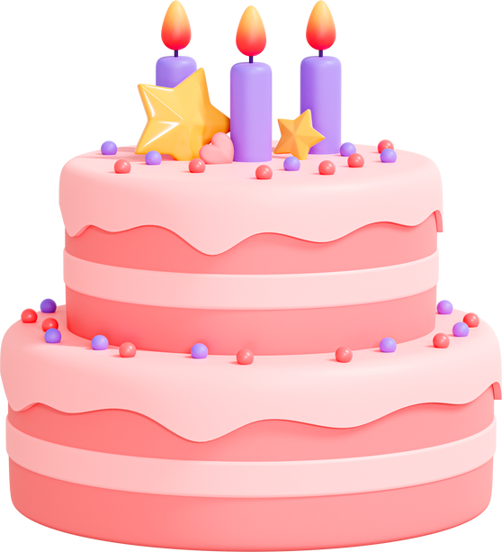 3D Birthday cake with candle and decorations